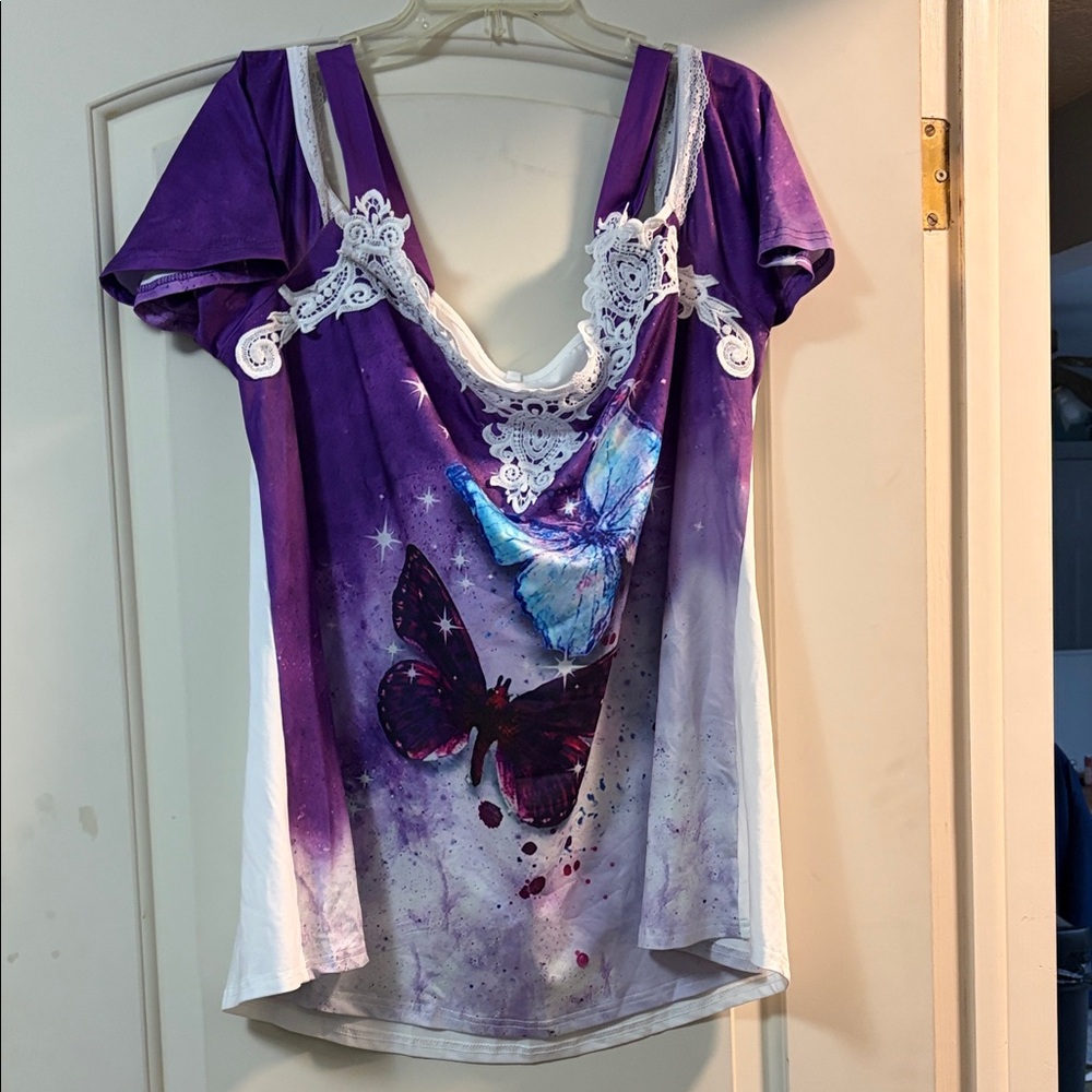 Rosegal Purple and White Butterfly Print Blouse